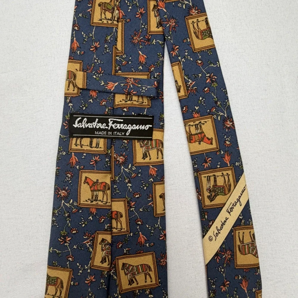 Salvatore Ferragamo Tie Mens OS Blue Silk Equestrian Horse Framed Print Italy